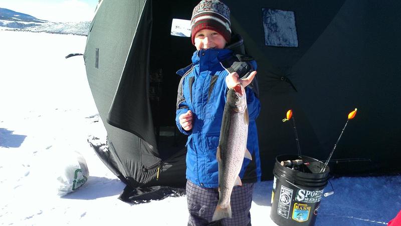 Fisher's first ice fishing experience proved to be exciting on 11 Mile reservoir!